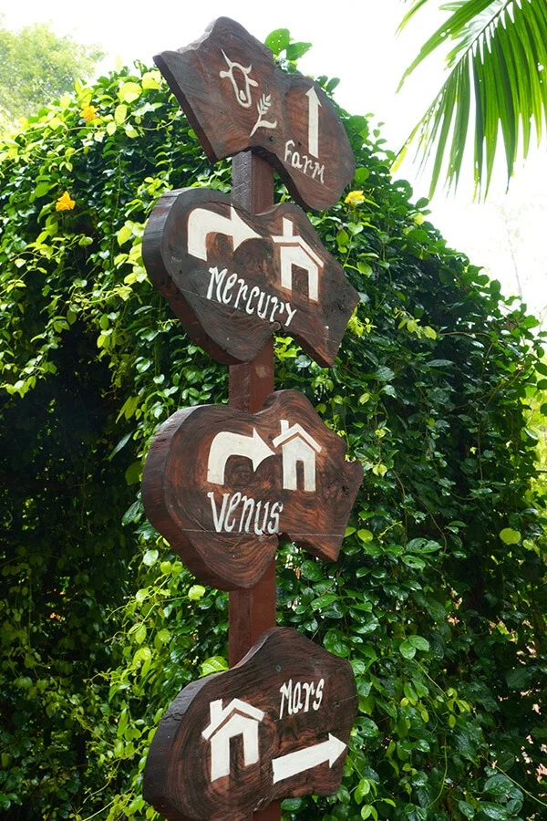 Rustic wooden signpost in lush tropical greenery points to Venus, Mercury, Earth, and Mars, creating a whimsical space-themed garden scene.
