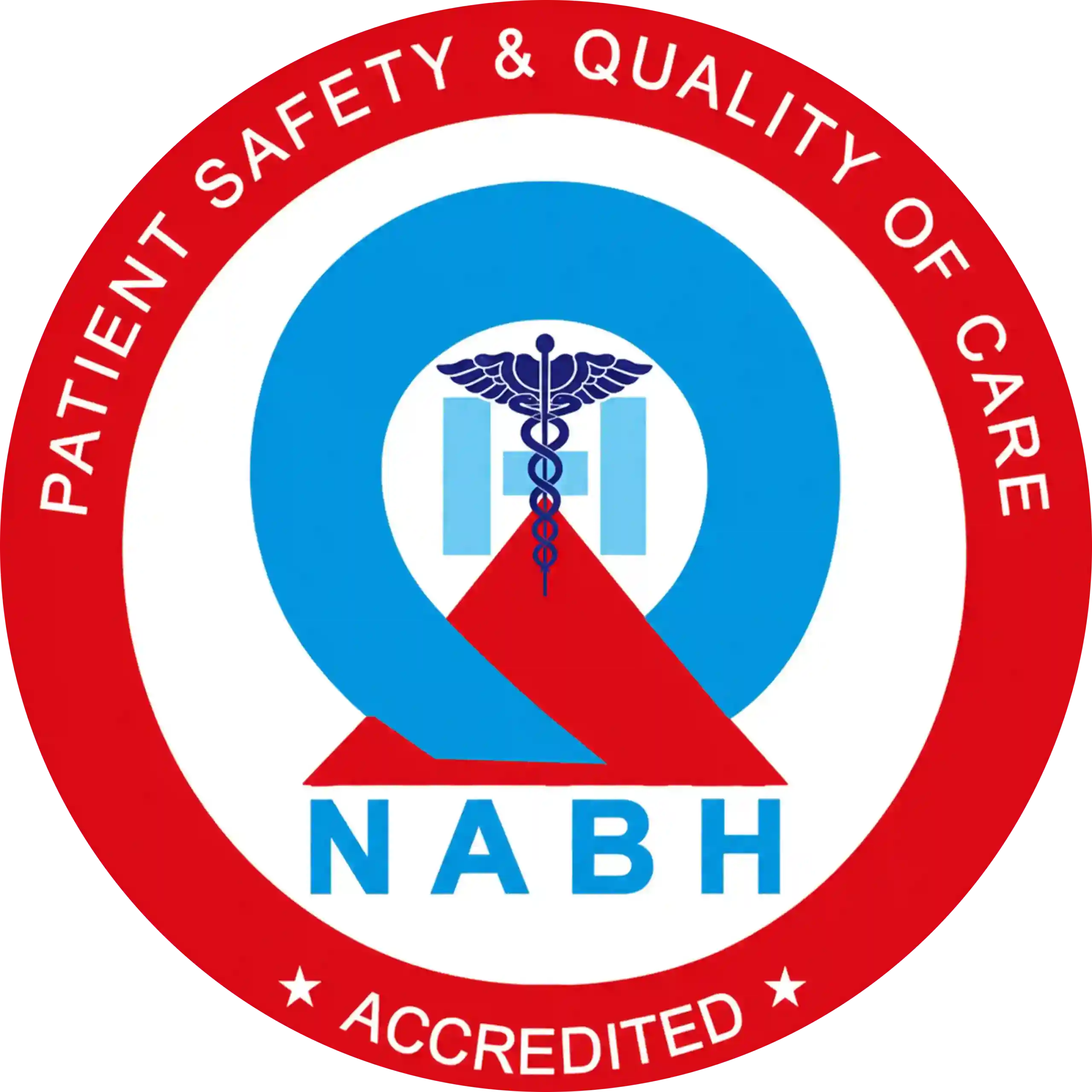 Circular N.A.B.H. Accredited logo featuring a medical caduceus, red pathway, and blue-and-white design; emphasizes patient safety and quality of care.