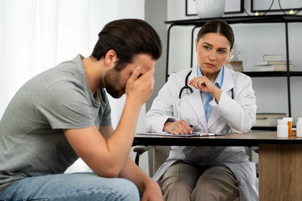 A distressed man covers his face while speaking with a concerned female doctor in a white coat at a clinic, conveying stress and compassion.