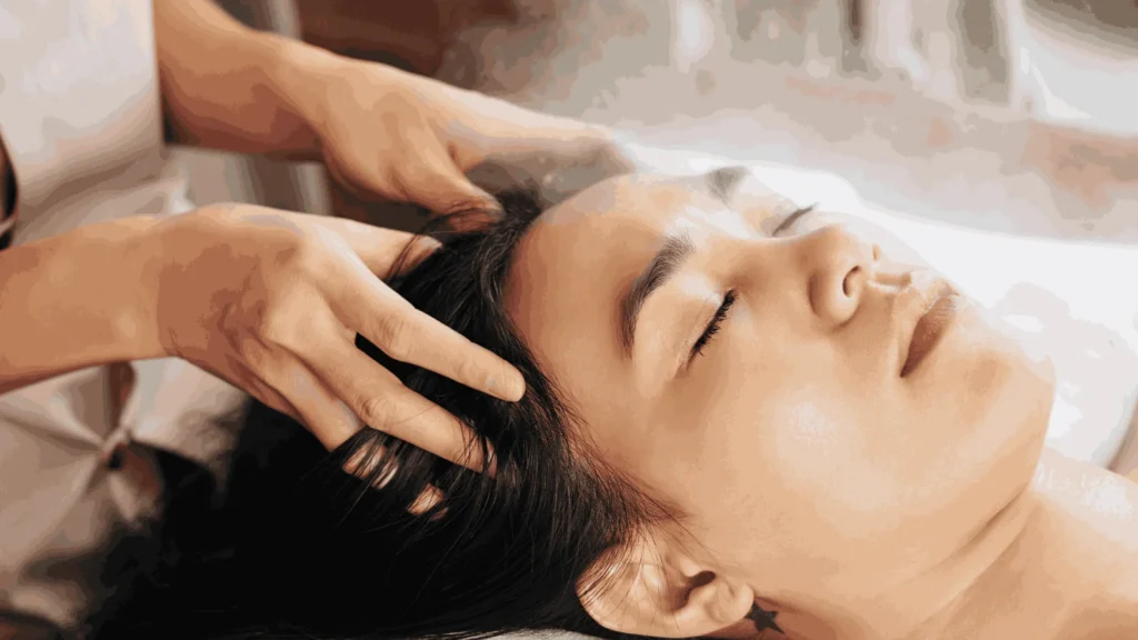 A woman with closed eyes receives a gentle scalp massage at a spa, conveying relaxation and tranquility in a warm, soothing setting.