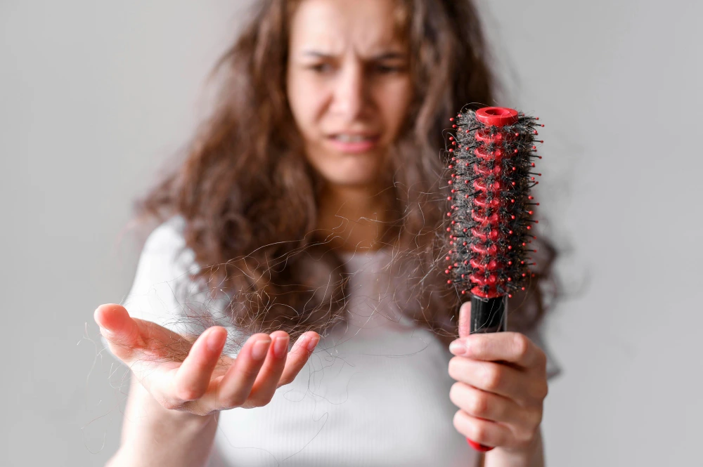 Worried woman examines loose hair in her hand while holding a round hairbrush, conveying concern about hair loss and thinning.