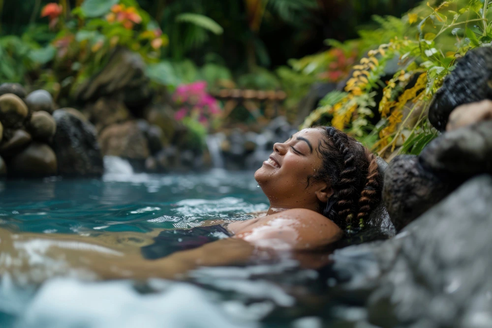 A woman relaxing in a hot tub, her head above water, enjoying a moment of tranquility.